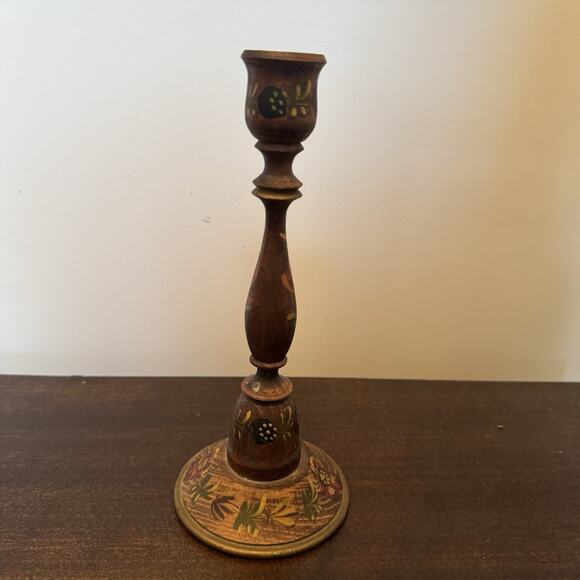 VTG Wooden Candle Stick Holder Hand Painted Floral Signed RH Primitive Folk Art - Picture 4 of 14